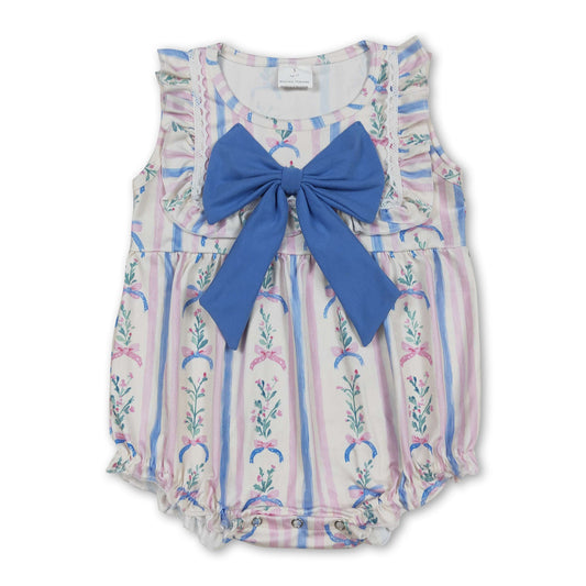 Blue bow stripe floral ruffle baby girls summer romper