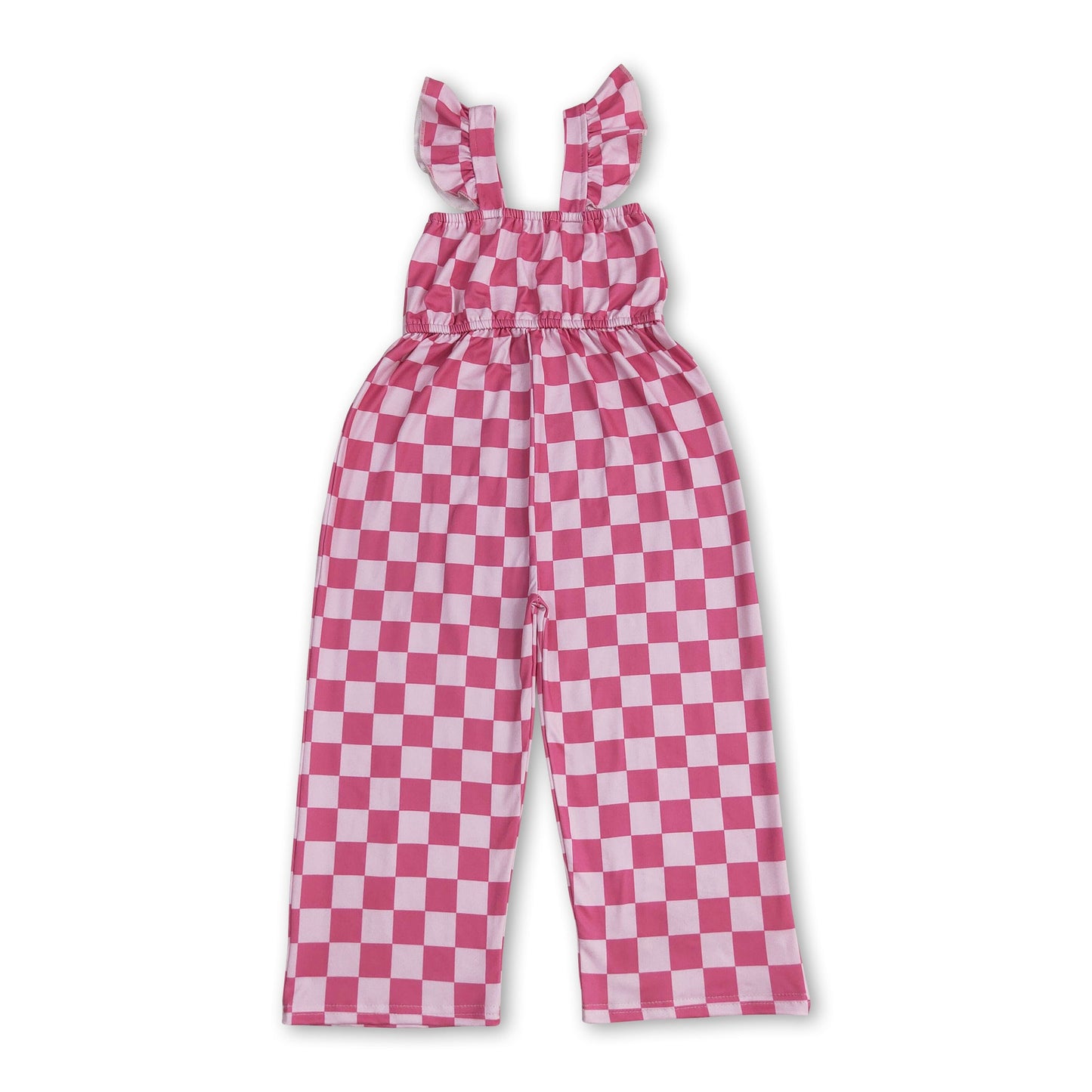 Flutter sleeves pink plaid kids girls summer jumpsuit