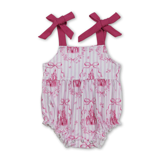 Pink straps castle floral bow baby girls romper