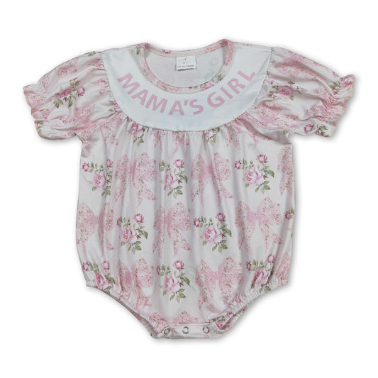 Short sleeves mama's girl pink floral bow baby romper