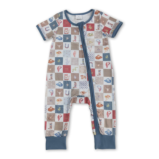 Short sleeves plaid cactus bull skull boy zipper romper