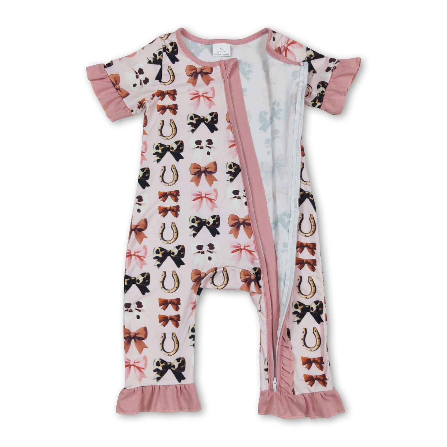 Pink ruffle cow print bow western baby zipper romper