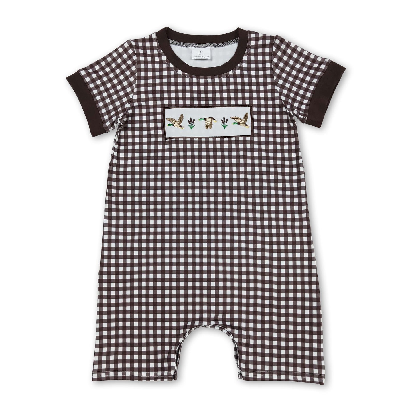 Short sleeves brown plaid duck baby boy romper