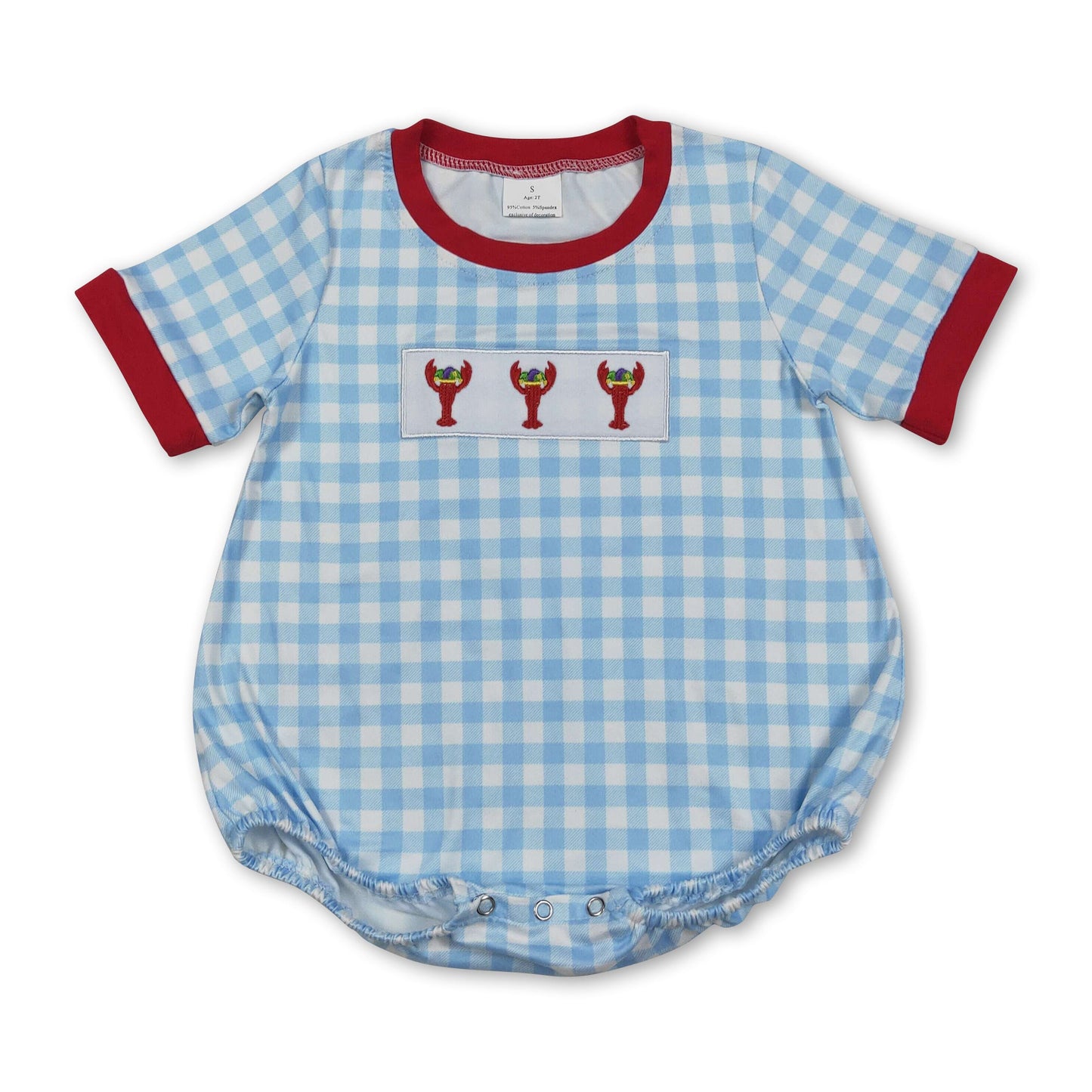 Short sleeves blue plaid crawfish baby boy Mardi Gras romper
