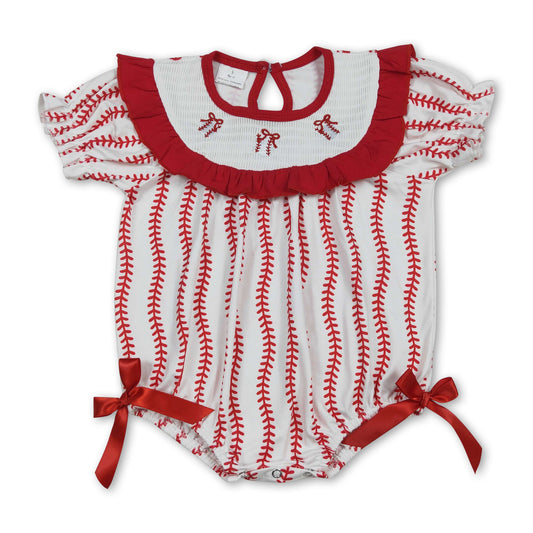 Short sleeves baseball bow smocked baby girl romper