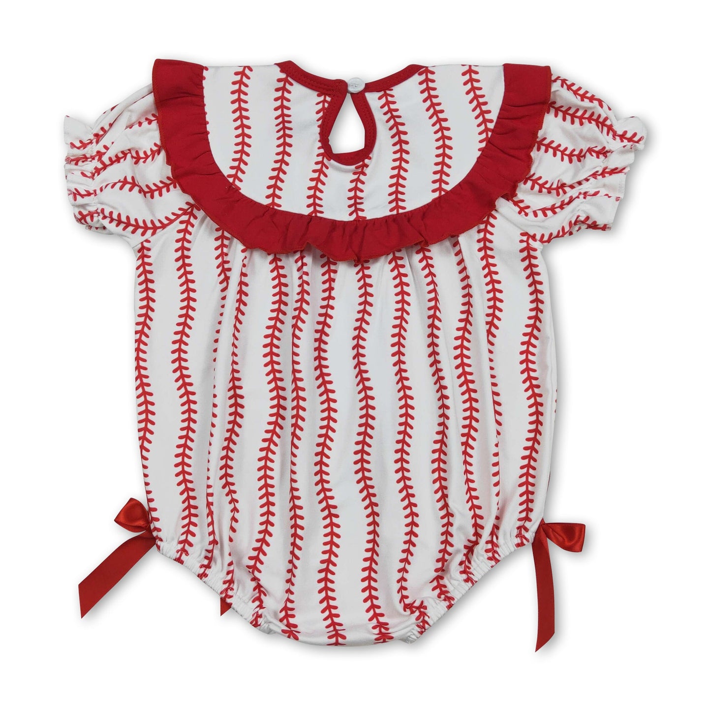 Short sleeves baseball bow smocked baby girl romper