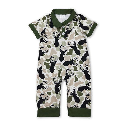 Short sleeves green camo deer baby boy polo romper