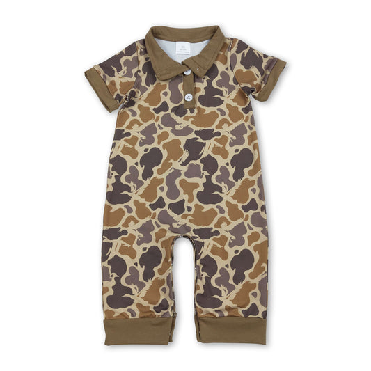 Short sleeves light brown camo baby boy polo romper
