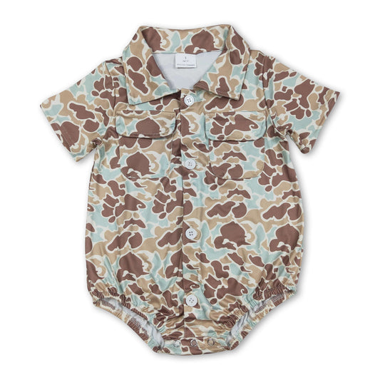 Short sleeves mint camo pockets baby boy button romper
