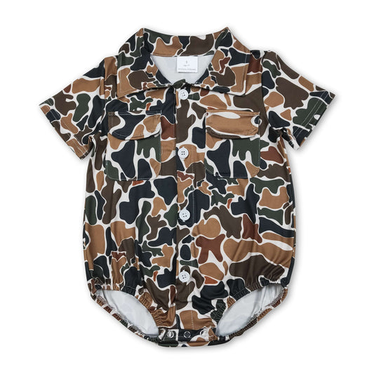 Short sleeves brown camo pockets baby boy button romper