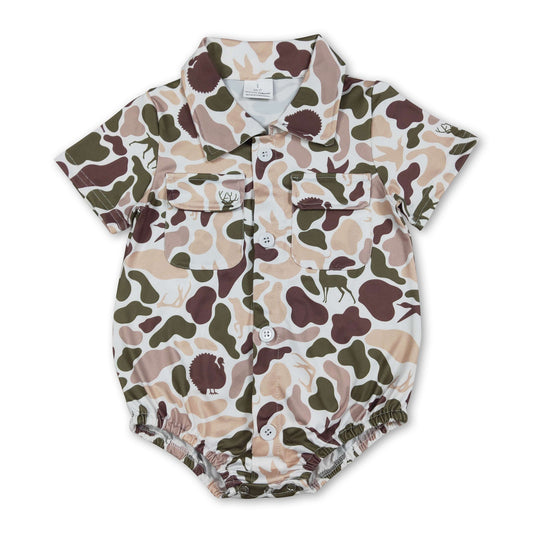 Short sleeves hunting camo pockets baby boy button romper