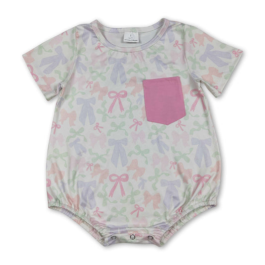 Short sleeves pocket colorful bows baby girls romper