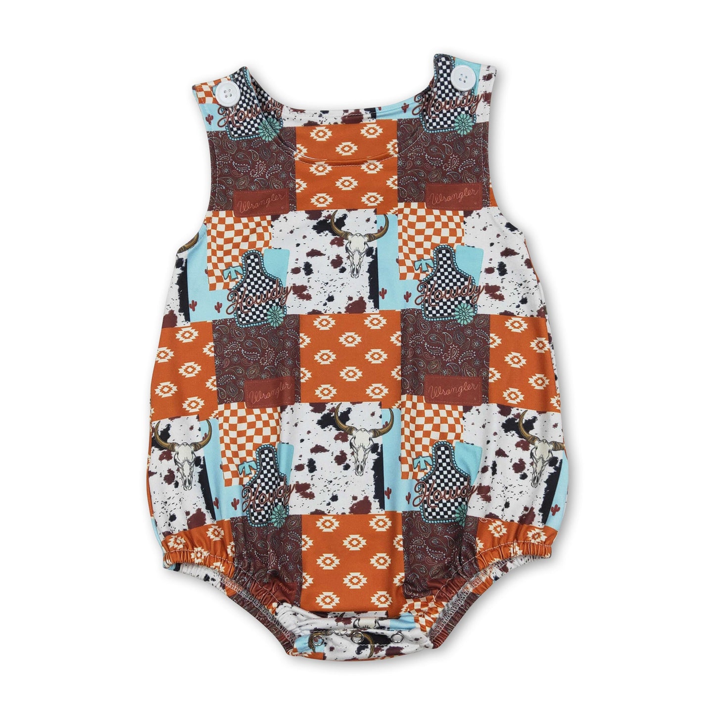Sleeveless bull skull western baby boy summer romper