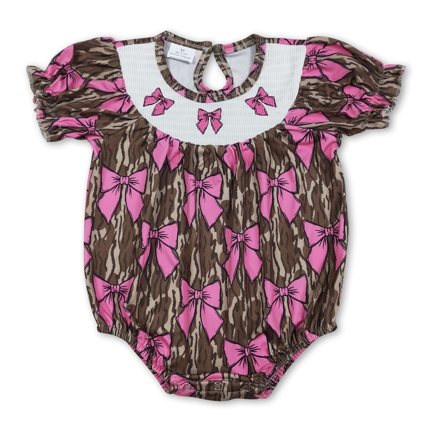 Short sleeves bow smocked camo baby girls romper