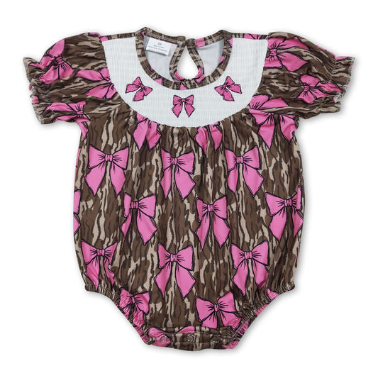 Short sleeves bow smocked camo baby girls romper