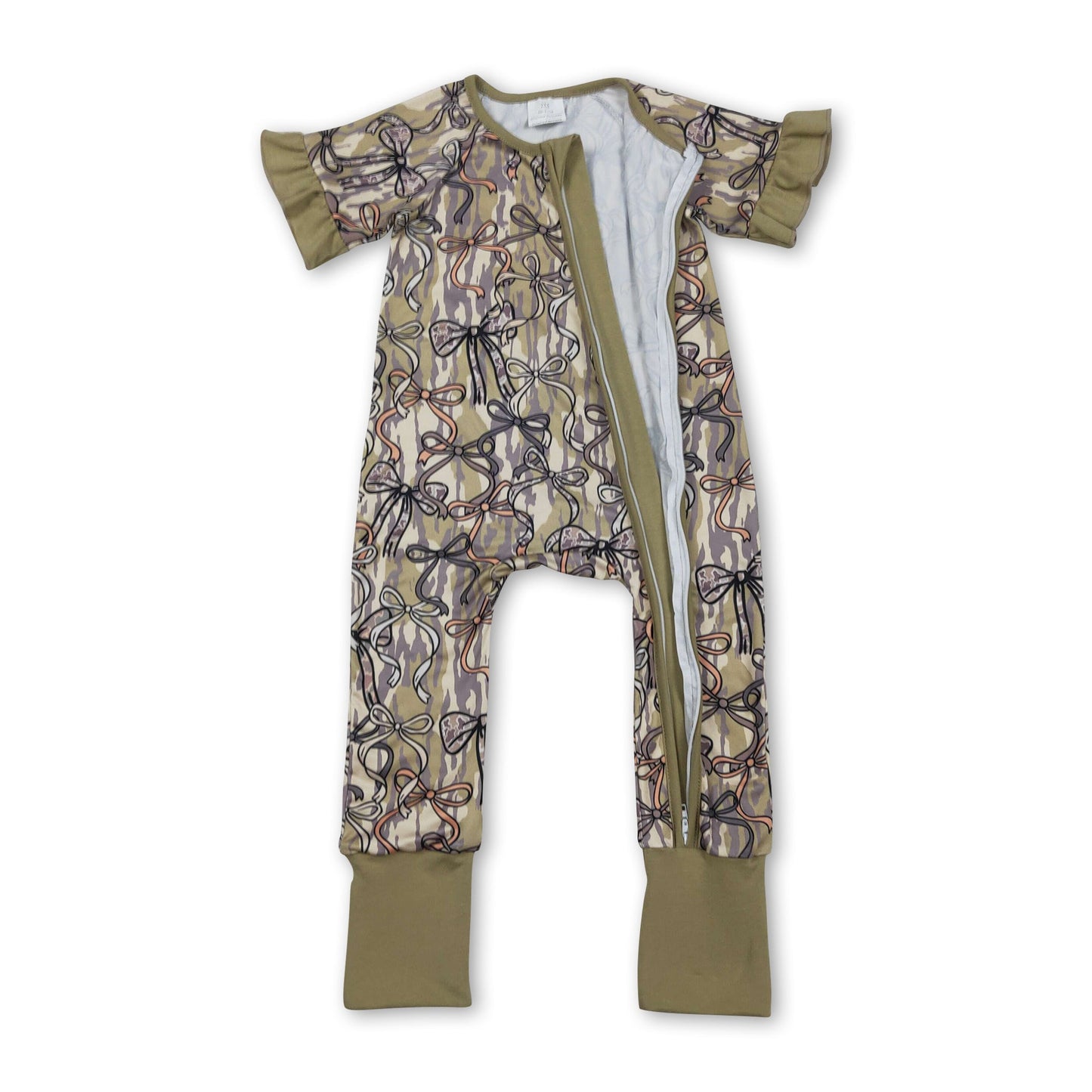 Ruffle short sleeves bow camo baby girls zipper romper