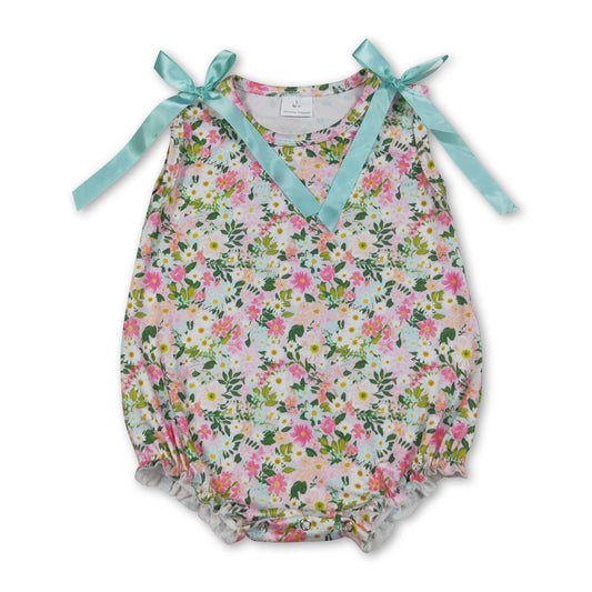Sleeveless pink floral baby girls summer romper