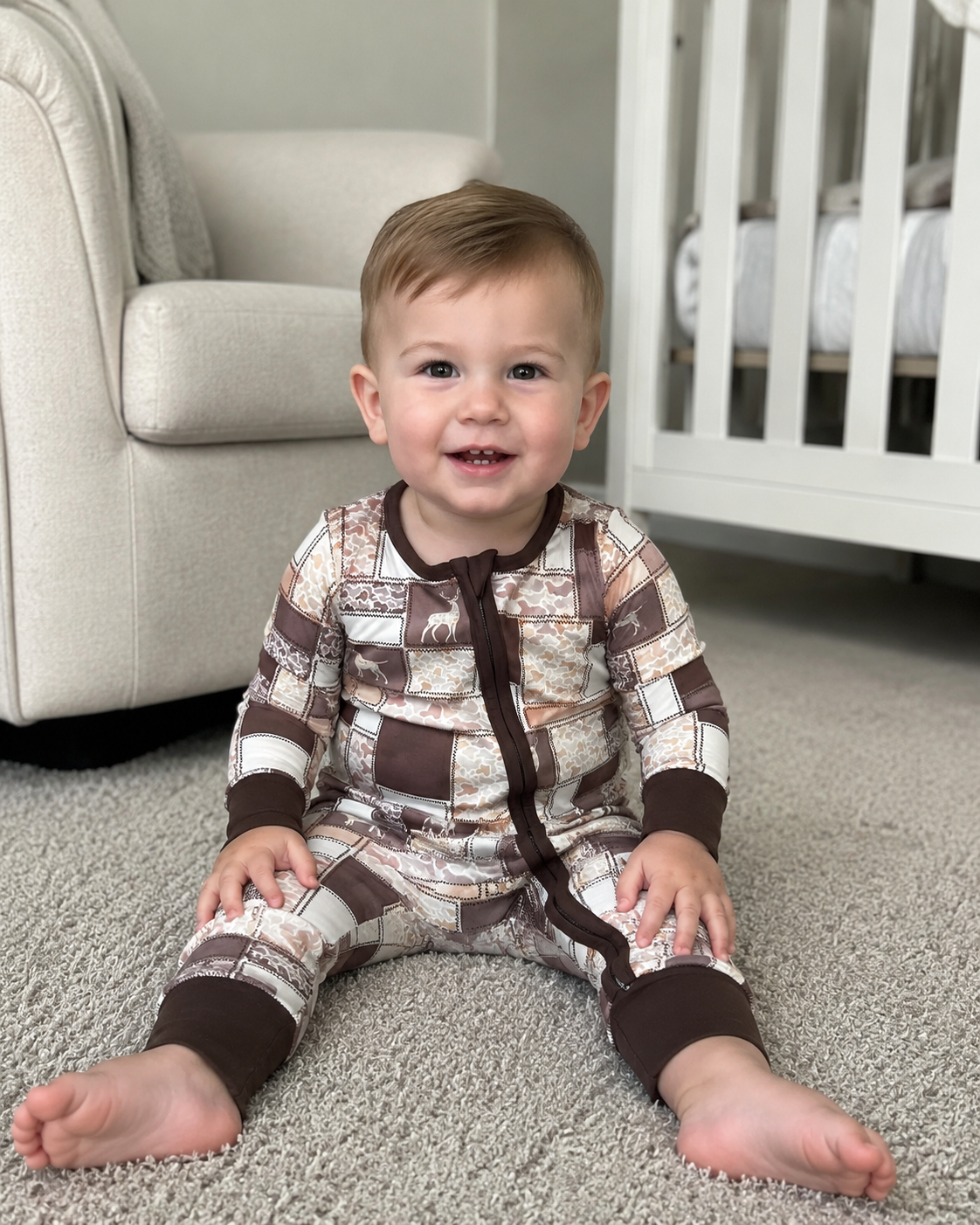 Long sleeves brown camo hunting dog baby boy zipper romper